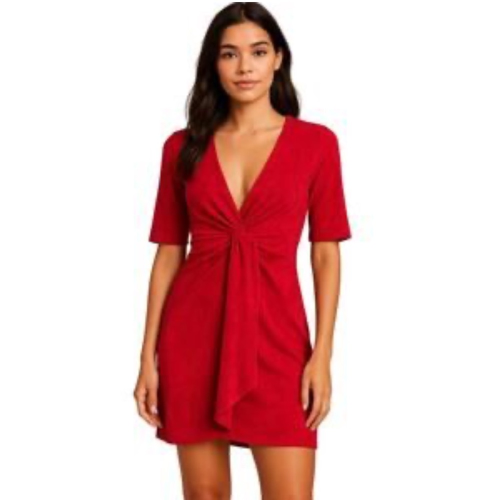 Lumiere faux suede Red V-Neck Twist-Front Mini Dress